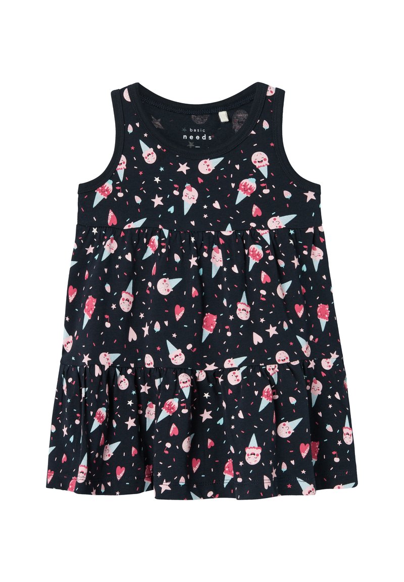 Vestito nero senza maniche con un design a strati, caratterizzato da un motivo giocoso di coni gelato, cuori e stelle in rosa e azzurro chiaro.