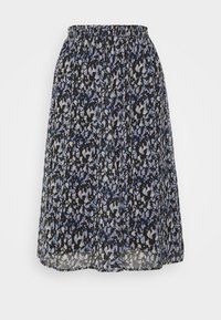 Black skirt featuring a floral pattern in blue and light gray. Elastic waistband, knee-length, made of lightweight, sheer material.
