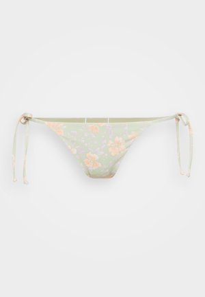 Floral bikini bottom in light green with peach and purple flowers. Features adjustable ties at the sides for a customizable fit.