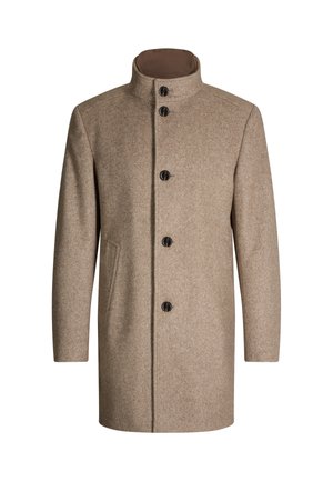 Cappotto beige da uomo in lana con collo rialzato, cinque bottoni neri sulla parte anteriore e tasche laterali, presentato su sfondo bianco.