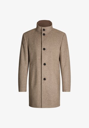 Manteau en laine beige pour homme avec col montant, cinq boutons noirs sur le devant et poches latérales, présenté sur fond blanc.