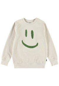 Felpa crema con design di faccina sorridente in spugna verde. Presenta collo rotondo a costine, maniche raglan e orlo e polsini elasticizzati.