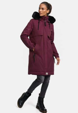 Long burgundy parka with a faux fur-trimmed hood, zippered front, two large front pockets, and adjustable drawstrings at the waist.