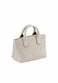 Borsa in pelle intrecciata di colore grigio chiaro, con due manici corti, forma rettangolare e un piccolo logo dorato sulla parte frontale.