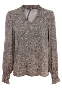 Blusa a maniche lunghe in navy con un motivo floreale in cremoso e oro. Scollo a V, polsini arricciati e un tessuto morbido e leggero.