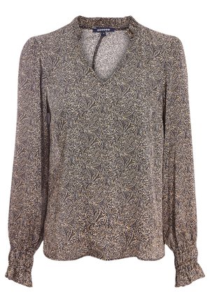 Long-sleeve blouse in navy with a floral pattern in cream and gold. V-neckline, gathered cuffs, and a soft, lightweight fabric.