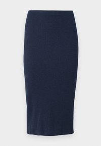 Jupe crayon en tricot bleu marine, présentant une silhouette ajustée, une longueur mi-mollet et une texture lisse avec un design simple et uni.