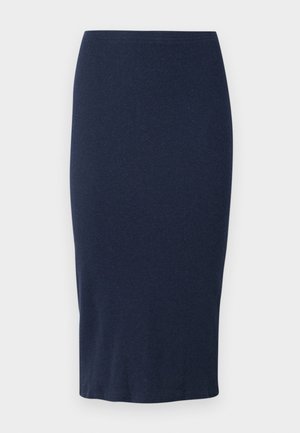 Knit pencil skirt in dark navy, featuring a fitted silhouette, mid-calf length, and smooth texture with a simple, solid design.
