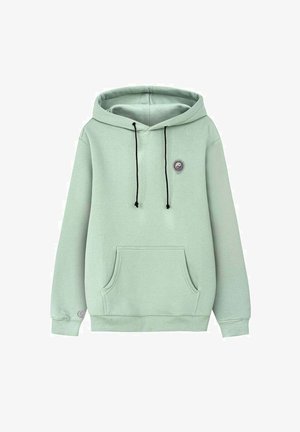 Miętowa zielona bluza z kapturem wykonana z miękkiego materiału. Posiada przednią kieszeń, regulowane czarne sznurki oraz okrągły wzór yin-yang na piersi.
