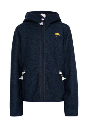 Marineblauwe capuchonjas met rits, twee voorzakken, witte kwastjes aan de rits en een klein geel paraplu-logo op de borst.