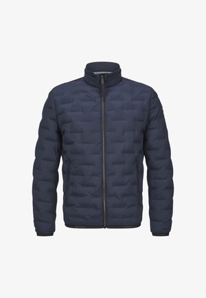 Navy blue puffer jacket with a zip front, elastic cuffs, and two side pockets. Features a quilted texture and high collar design.