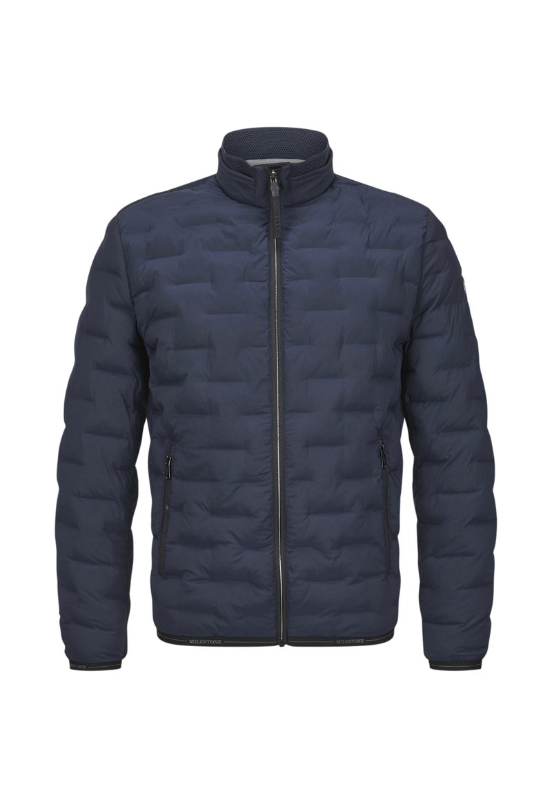 Marineblaue Steppjacke mit Reißverschluss vorne, elastischen Bündchen und zwei Seitentaschen. Verfügt über eine gesteppte Struktur und ein Design mit hohem Kragen.