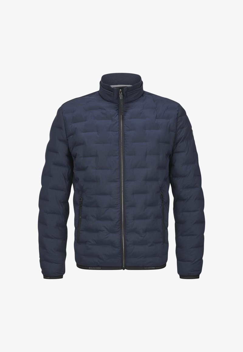 Marineblaue Steppjacke mit Reißverschluss vorne, elastischen Bündchen und zwei Seitentaschen. Verfügt über eine gesteppte Struktur und ein Design mit hohem Kragen.