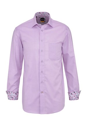 Hellviolettes Herrenhemd mit langen Ärmeln, floralem Innenkragen und Manschetten, Brusttasche und Knopfverschluss.
