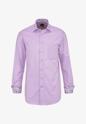 Chemise habillée pour homme à manches longues de couleur violet clair avec col et poignets intérieurs à motif floral, poche avant et fermeture à boutons.