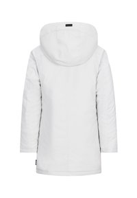Giacca bianca con cappuccio e texture liscia. Presenta un taglio dritto, tasche laterali e dettagli cuciti. Nessun hardware o decorazione visibile.
