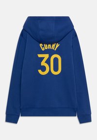 Sweat à capuche bleu avec le texte jaune "CURRY" et le numéro "30" dans le dos. Tissu doux, poche kangourou, poignets et ourlet côtelés.