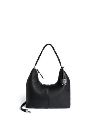 Black leather handbag with braided handle, top zipper closure, silver hardware, and detachable shoulder strap on white background.