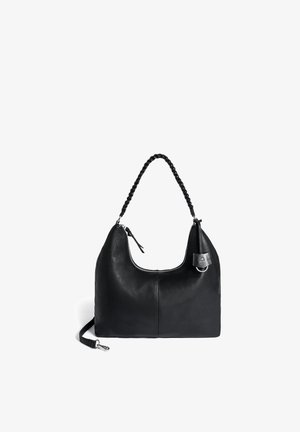 Black leather handbag with braided handle, top zipper closure, silver hardware, and detachable shoulder strap on white background.