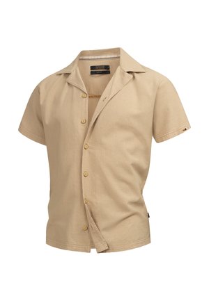 Beige kortermet skjorte laget av teksturert stoff, med knapper, krage med hakk og brodert detalj på ermet.
