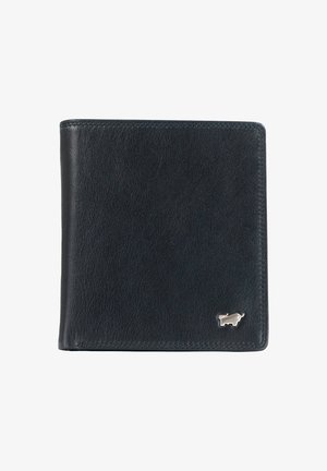 Portafoglio in pelle nera con una texture liscia, design pieghevole e un logo in accento argentato nell'angolo in basso a destra.