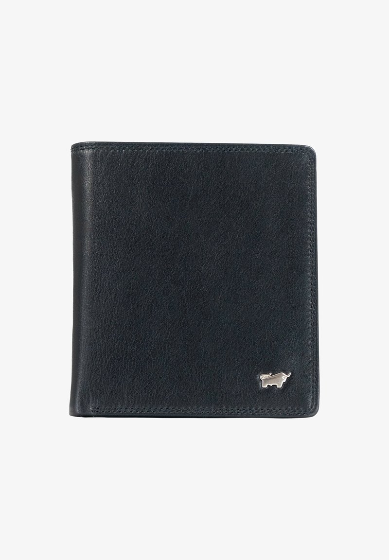 Portafoglio in pelle nera con una texture liscia, design pieghevole e un logo in accento argentato nell'angolo in basso a destra.
