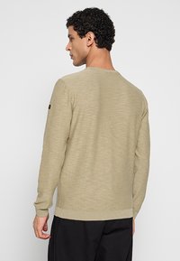 Lichtbeige pullovertrui met een gestructureerde brei. Heeft lange mouwen, een ronde halslijn en een klein logo op de linkerschouder.