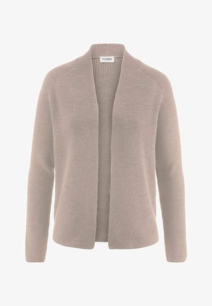 Beige Strickcardigan mit offenem Vorderteil, langen Ärmeln und gerippten Details entlang des Kragens und der inneren Kanten.