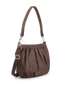 Brown leather handbag with a gathered design, adjustable strap, and zipper pocket. Features gold-tone hardware and a smooth texture.
