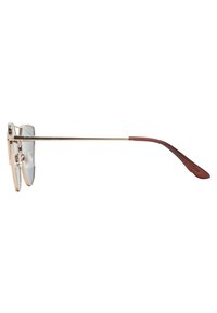 Ochelari de soare din metal cu ramă aurie, lentile de culoare albastru deschis și vârfuri de braț din lemn, având pernuțe pentru nas și un design elegant.