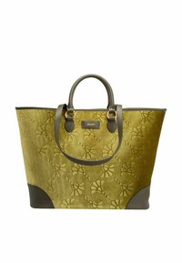 Borsa tote in velluto verde oliva con motivo floreale in rilievo, rifiniture in pelle e manici superiori. Presenta una placca con il logo e un design a base curva.