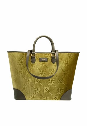 Borsa tote in velluto verde oliva con motivo floreale in rilievo, rifiniture in pelle e manici superiori. Presenta una placca con il logo e un design a base curva.
