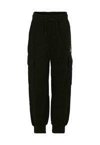 Schwarze Cargo-Jogginghosen aus weichem Stoff, mit einem Kordelzugbund, elastischen Bündchen und seitlichen Taschen für Stauraum.