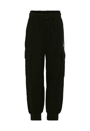 Schwarze Cargo-Jogginghosen aus weichem Stoff, mit einem Kordelzugbund, elastischen Bündchen und seitlichen Taschen für Stauraum.