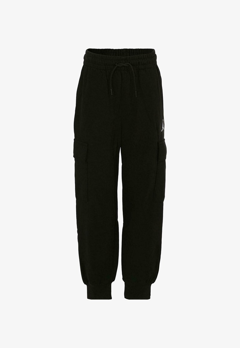 Zwarte cargojoggingbroek van zacht katoen, met een trekkoord in de taille, elastische boorden en zijzakken voor opbergruimte.