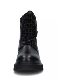 Bottines en cuir noir avec un bout rond, dotées d'un laçage à l'avant et d'une fermeture éclair sur le côté pour un enfilage facile. Semelle en caoutchouc épaisse.