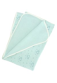 Light blue muslin blanket with a white edging, featuring a subtle printed pattern of bears and celestial symbols like moons and stars.
