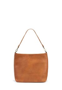 Tan leather handbag with a smooth texture, rectangular shape, and a single strap. Features a subtle logo on the front.