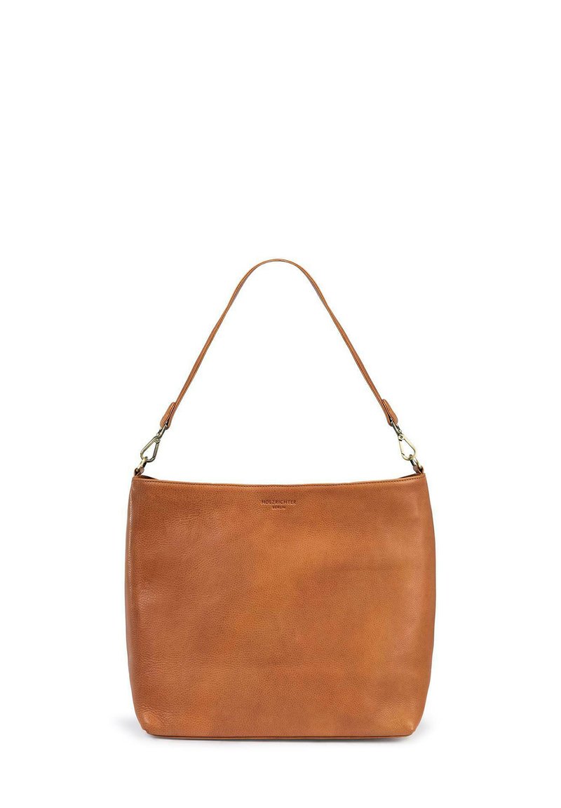 Tan leather handbag with a smooth texture, rectangular shape, and a single strap. Features a subtle logo on the front.