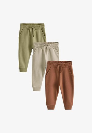 Tre paia di pantaloni jogger in verde oliva, beige e marrone ruggine. Le caratteristiche includono vita elastica, tasche laterali e polsini a coste.