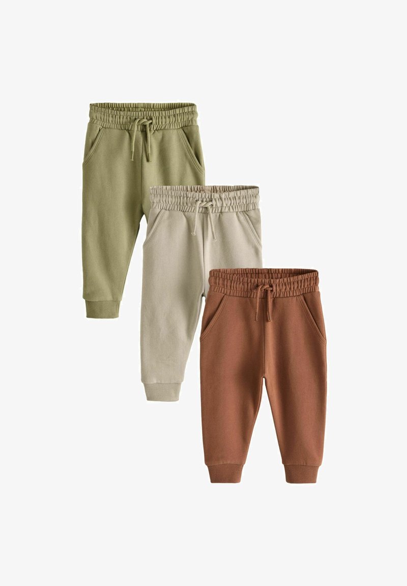 Three pairs of jogger pants in olive green, beige, and rust brown. Features include elastic waistbands, side pockets, and ribbed cuffs.