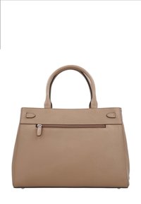 Beige leather handbag with two rounded handles, a front zipper pocket, and a textured, pebbled surface.