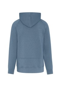 Majica s kapuljačom u prigušenoj plavoj boji, s teksturiranim uzorkom koji nalikuje karti na leđima i rebrastim manžetama i donjim rubom.