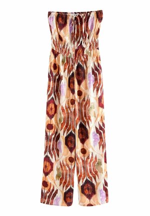 Trägerloser Jumpsuit mit weitem Bein in Orange, Braun, Creme, Lila und Grün mit abstraktem geometrischem Muster und gerafftem elastischem Taillenbund mit Kordelzug.