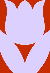 Styliseeritud lillekujundus, millel on lavendlituumi kuju punaste aktsentidega, kontrastse tausta taustal, rõhutades julgeid värvikooslusi.