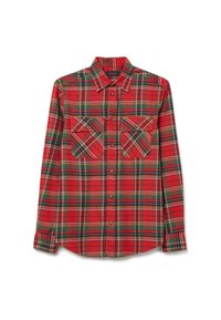 Camicia a quadri rossa e verde con maniche lunghe, due tasche sul petto, colletto appuntito e chiusura frontale a bottoni. Tessuto di cotone con una texture liscia.