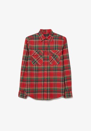 Rotes und grünes kariertes Hemd mit langen Ärmeln, zwei Brusttaschen, spitzem Kragen und Knopfleiste vorne. Baumwollstoff mit glatter Textur.