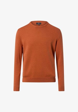 Strickpullover in verbranntem Orange mit rundem Ausschnitt, langen Ärmeln und geripptem Saum. Weiche Textur, minimalistisches Design, keine Muster oder Akzente.