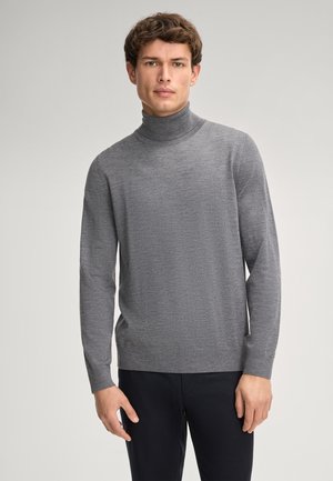 Grauer Rollkragenpullover aus weichem Material mit langen Ärmeln, tailliertem Schnitt sowie gerippten Bündchen und Saum.