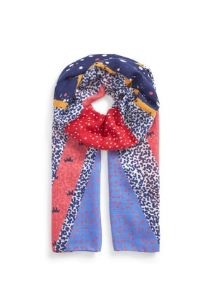 Kleurrijke sjaal met gemengde patronen, waaronder rood met witte stippen, blauw met rode stippen, marineblauw met witte vormen en koraal met kleine kroonmotieven.